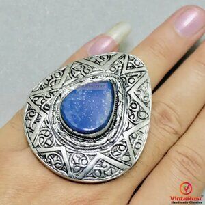 Silver Boho Adjustable Ring with Blue Gemstone, Handmade Silver Blue Stone Ring